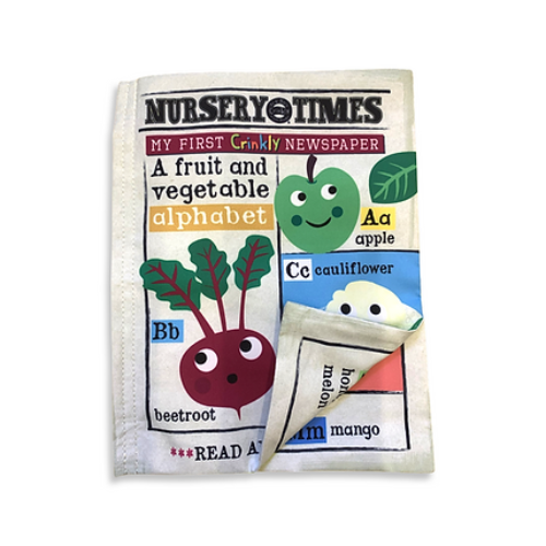 Jo & Nic's Crinkly Cloth Books - Nursery Times Crinkly Newspaper - Fruit & Veg ABC