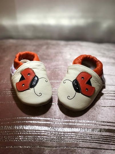 Soft Leather Baby Moccasins - Cream and Ladybird