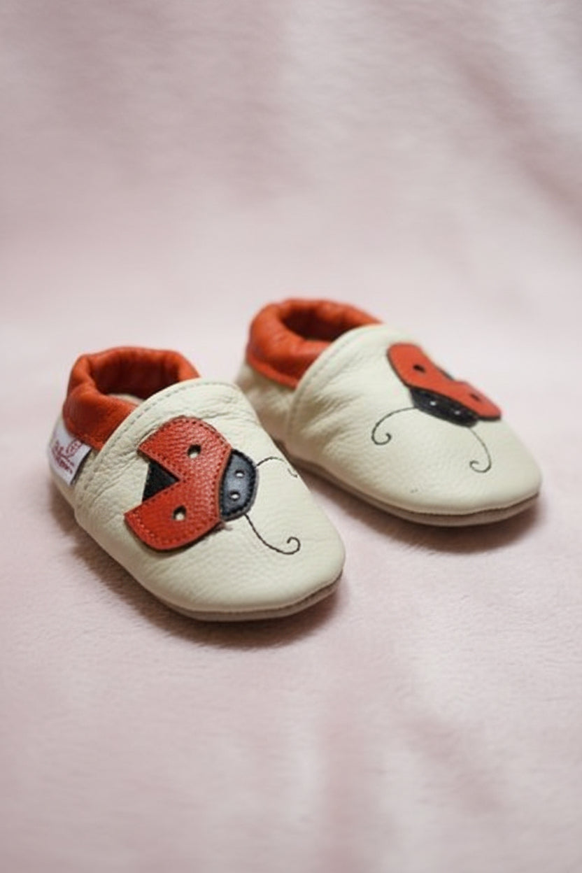 Soft Leather Baby Moccasins - Cream and Ladybird