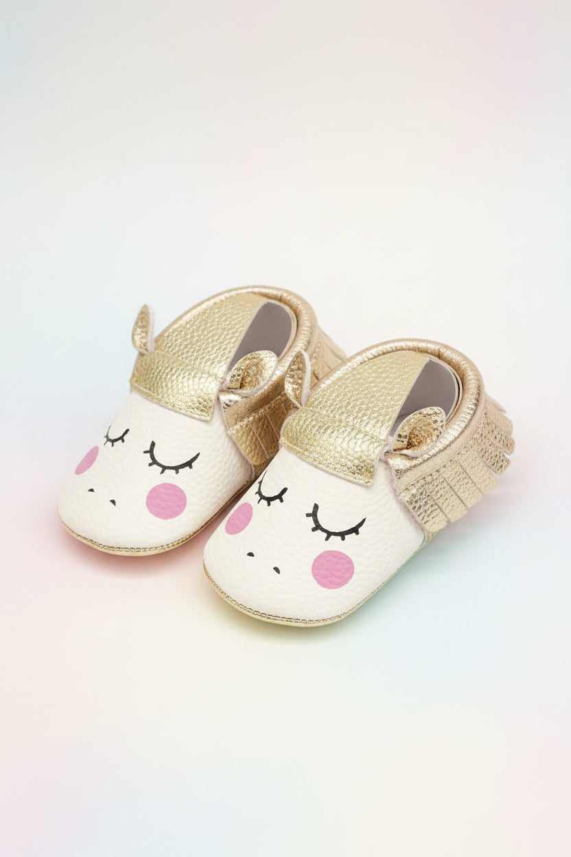 Soft Leather Baby Moccasins - Unicorn Rose Gold